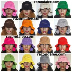 many different types of crocheted hats with tassels on the brim