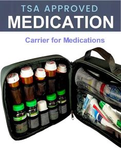 an open travel bag with medicine bottles in it and the words tsa approved medication carrier for medicationss