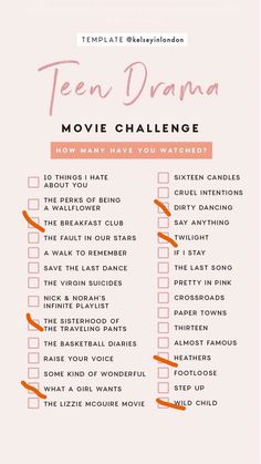 the ten drama movie challenge checklist is shown in pink and orange with an orange marker