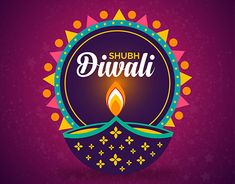 a colorful diwali badge with a lit candle in the center on a purple background