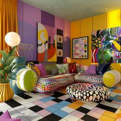 a living room filled with lots of colorful furniture and art on the wall behind it