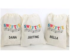 three bags with the names of different musical instruments