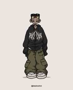 a drawing of a person wearing a black hoodie and cargo pants