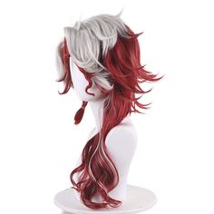 White Red And Black Hair, Wig Hairstyles Cosplay, Red To White Hair, White And Red Hair Color, Styled Wigs Ideas, Villian Hair Styles, Dragon Tail Cosplay, Dragon Hairstyles, White And Red Dragon