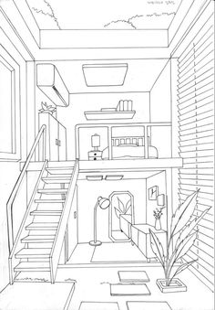 a drawing of a living room with stairs