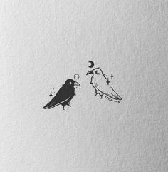 two birds sitting next to each other on top of a piece of paper with stars