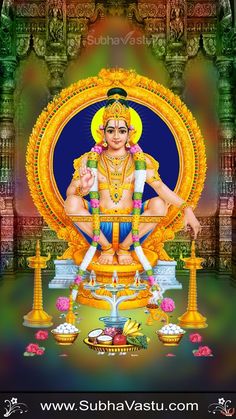 the hindu god sitting on top of a golden throne in front of a colorful background