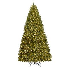 a large christmas tree with lights on it's top and black stand in front of a white background