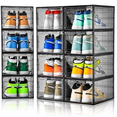 several clear bins filled with different types of shoes in each one's compartment