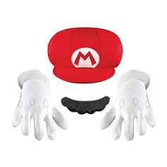 a red hat, gloves and moustache are shown in this costume set for kids