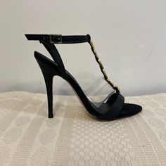 Nib Black Express Strappy Heels With Gold Triangle Detail. Size 6.5 4.25” Stiletto Heel. Never Worn, Only Tried On In The House. Come With Box. Black Heels With Contrasting Heel Counter For Party, Black Sandals With Contrasting Heel Counter For Night Out, Black Sandals With Contrasting Heel For Night Out, Trendy Party Heels With Contrasting Heel Counter, Gold Triangle, Black Strappy Heels, Strappy Heels, Stiletto Heel, Gold Accents