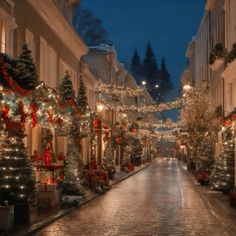 an empty street is decorated with christmas decorations