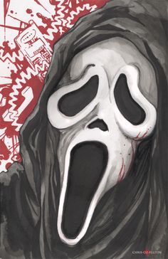 a drawing of a scream mask with red and white graffiti on the wall behind it