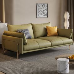 a living room scene with focus on the couch and coffee table in the foreground