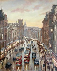 a painting of double decker buses on a city street