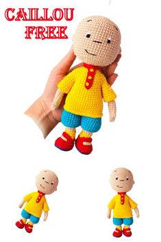 a crocheted doll is being held in front of three smaller dolls, both wearing yellow and blue clothes