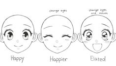 how to draw an anime character's face with different eyes and mouth shapes for children