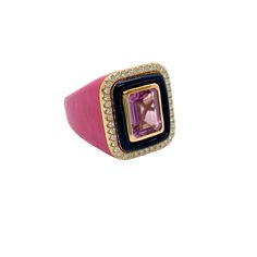 18k rose gold statement fuschia enameled ring with a stunning rectangular tourmaline in the middle weighting 2.23 cts., a black enamel border and a white diamond surrounding, weight in total 0.28 cts. Tourmaline the gemstone of reconciliation, it fosters compassion and cool headedness. It is used for grounding purposes, to stabilize and reaffirm our Earth roots. Ring size: In MELIGreece's workshop this tourmaline diamond gold ring can be created at any size. Dimensions of the tourmaline / diamon Pink Theme Wedding, Diamond Gold Ring, Pink Theme, Celebrity Engagement Rings, Rose Gold Pink, Pink Themes, Enamel Ring, Theme Wedding, Gold Bracelet Chain