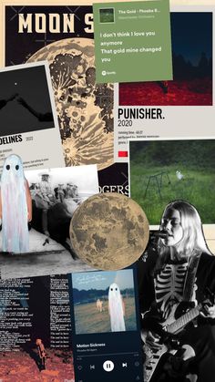 a collage of photos and music related items including an image of a ghost, the moon, and more