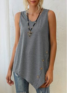 Trendy Tops For Women Casual, Long Tank Tops, Trendy Tops For Women, Long Tank, Gray Tank, U Neck, Casual Sets, Vest Top, Cotton Style