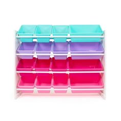 six bins with different colors and sizes on the bottom one is pink, blue, purple, and green