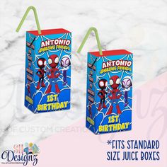 two bags with spiderman on them are sitting next to each other in front of a marble background