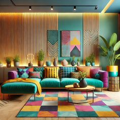 a living room with colorful couches and potted plants