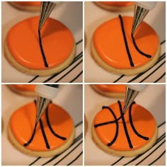 four pictures of basketball cookies with icing and chocolate drizzles on them