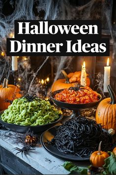 halloween dinner ideas with black spaghetti and pumpkins on the table in front of candles