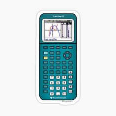 a blue calculator sticker with an image of a graphing machine on it