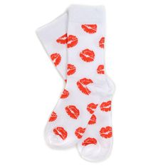 Get ready to pucker up with these playful socks! Featuring a fun red lips print on a crisp white background, these socks are sure to make you and your loved ones smile. Pair them with one of our love themed socks to create your own bundle of love. Whether you're at home or out on the town, these socks will add a touch of whimsy to your look. So go ahead and spread the love, one step at a time! 70% cotton, 25% polyester, 5% spandex Fits US Sock Size Women's 9-11, Shoe Size 4-10 Machine wash, tumb Trendy Red Socks As Gift, Trendy Red Socks As A Gift, Trendy Red Socks For Gift, Trendy Red Socks For Gifts, Playful Red Cotton Socks, Fun Red Socks For Gifts, Novelty White Socks For Stocking Stuffers, Fun White Socks As Gift, Fun White Socks As A Gift