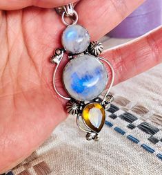 "Handmade, gorgeous, multi-gemstone, one-of-a-kind piece necklace,antique silver plated sterling silver over copper, genuine moonstone and honey topaz, big pendant necklace, 18\" leather chain. Pendant: 2.25\" (2.75\" including bail) X1.25\"" Silver Bohemian Citrine Jewelry, Bohemian Silver Citrine Jewelry, Bohemian Citrine Stone Jewelry, Handmade Bohemian Moonstone Gemstones, Big Pendant Necklace, Big Pendant, Moonstone Pendant Necklace, Lapis Lazuli Pendant, Rainbow Moonstone Pendant