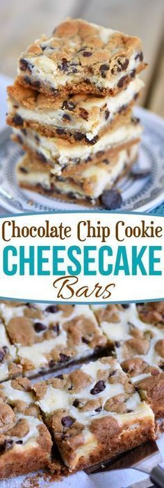 chocolate chip cookie cheesecake bars stacked on top of each other with text overlay