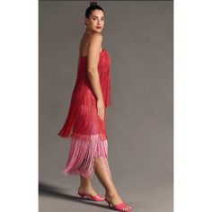 Add A Unique Touch To Your Wardrobe With This Stunning Tiered Fringe Ombre Dress From Anthropologie. This Dress Is Made From A Viscose Fabric, And Features A Beautiful Ombre Design With A Pink And Red Colourway. The Dress Also Has Adjustable Straps, Zip Styling, And A Length Of 50 Inches. Perfect For Special Occasions. Sleeveless Fringe Midi Dress For Cocktail, Elegant Strapless Dress With Fringe, Elegant Strapless Fringe Dress, Cocktail Midi Dress With Fringe, Red Knee-length Dress For Gala, Red Fringe Dress For Party, Red Fringed Party Dresses, Elegant Red Fringe Dresses, Red Fringe Party Dress