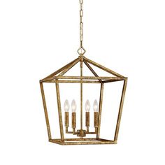 a hanging light fixture with four candles in it