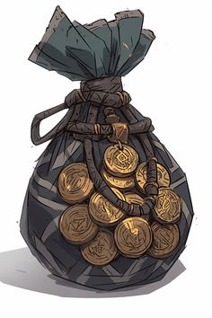 a bag filled with lots of gold coins