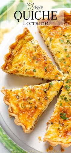 a white plate topped with cheesy quiche lorainne slices on top of each other