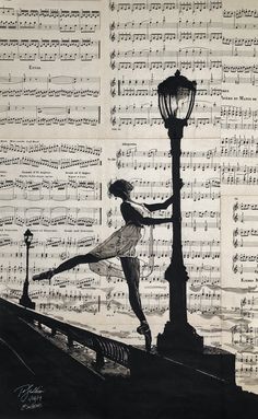 a woman standing on top of a bench next to a lamp post and sheet music