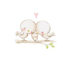 two white birds sitting on top of a tree branch with a baby bird in it's beak