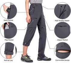 women's hiking pants with pockets and zippers on both sides, showing the details