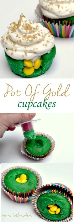 cupcakes with green frosting and yellow sprinkles are being made