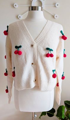 3d cherry cardigan sweater Sweet Long Sleeve Cardigan For Fall, Sweet Long Sleeve Fall Cardigan, Cherry Cardigan, Color Fits, Retro Vibe, You Smile, Make You Smile, Cardigan Sweater, Cream Color