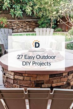 an outdoor fire pit with chairs around it and text overlay that reads 27 easy outdoor diy projects