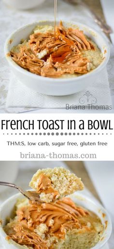 french toast in a bowl is being drizzled with brown sugar and topped with shredded carrots