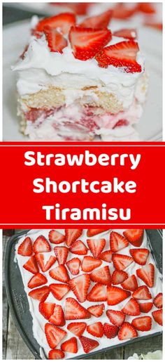 strawberry shortcake with cream cheese frosting and strawberries on the top, served in a glass dish