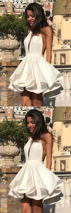 White Homecoming Dress With Ruffles, White Ruffled Homecoming Dress, White Ruffled Dress For Homecoming, White Fitted Homecoming Dress, White Fitted Dress For Homecoming, White A-line Homecoming Dress, White Knee-length Mini Dress For Prom, White Knee-length Homecoming Dress, White Homecoming Dresses Short