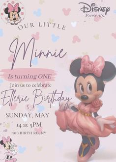 a minnie mouse birthday party with pink and blue polka dots on the background, is shown