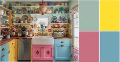 the kitchen is painted in different shades of pink, blue and yellow with lots of other things on the shelves