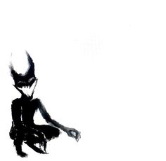 a black and white drawing of an alien sitting down