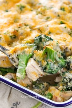 a casserole dish with broccoli, chicken and cheese